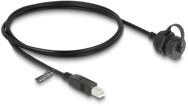 Ein schwarzes USB-Kabel mit runder Kupplung auf der rechten Seite und USB-Stecker auf der linken Seite, auf weißem Hintergrund.
