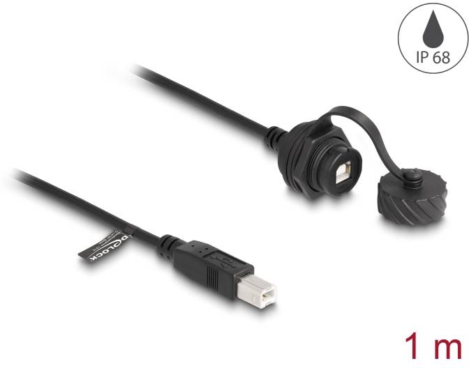Schwarzes USB-Kabel, 1 m lang, mit wetterfester IP68-Abdeckung an einem Ende für erhöhte Haltbarkeit in anspruchsvollen Umgebungen.