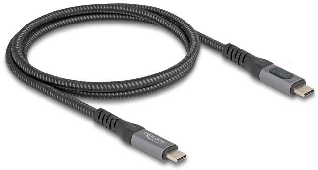 USB-C-Kabel mit geflochtener Ummantelung zeigt Anschlüsse an beiden Enden, geeignet für Datenübertragung und Stromversorgung.