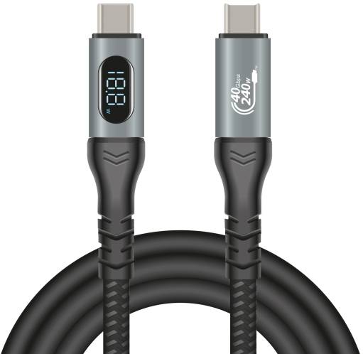 Ein USB-C-Kabel mit digitaler Anzeige, die '100W' anzeigt, und der Aufschrift '40Gbps 240W'.