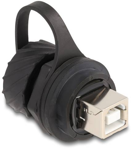 Ein USB-B-Anschluss, geschützt von einer schwarzen, gerippten Gummikappe, geeignet für industrielle Anwendungen oder raue Umgebungen.