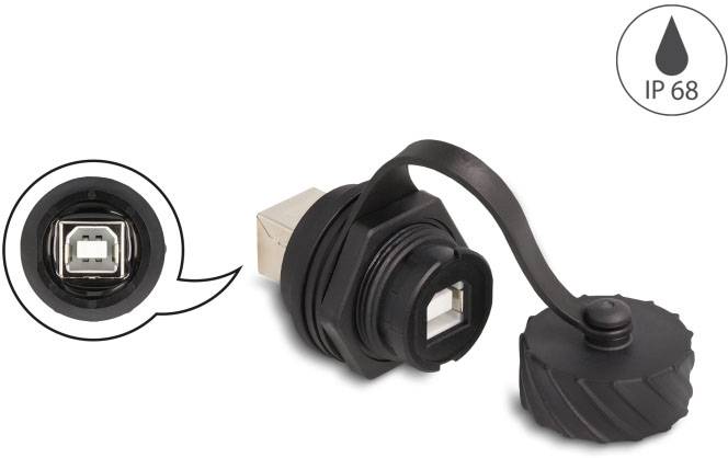 Ein wasserdichter USB-Anschluss (IP68) mit Schutzkappe, geeignet für raue Umgebungen. Zeigt Front- und Seitenansicht.