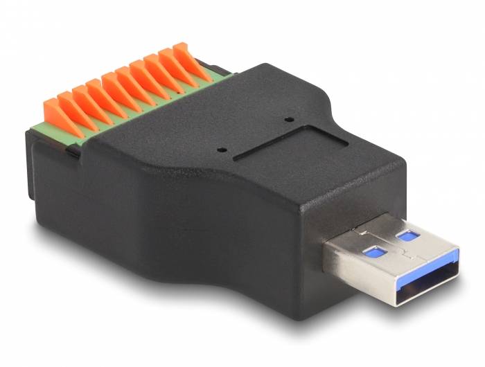 Schwarz-orangefarbenes USB-Verbindungsstück mit grünem Einsatz, zeigt Front- und Rückseite. Utensil zur Verbindung von Terminals und Geräten.