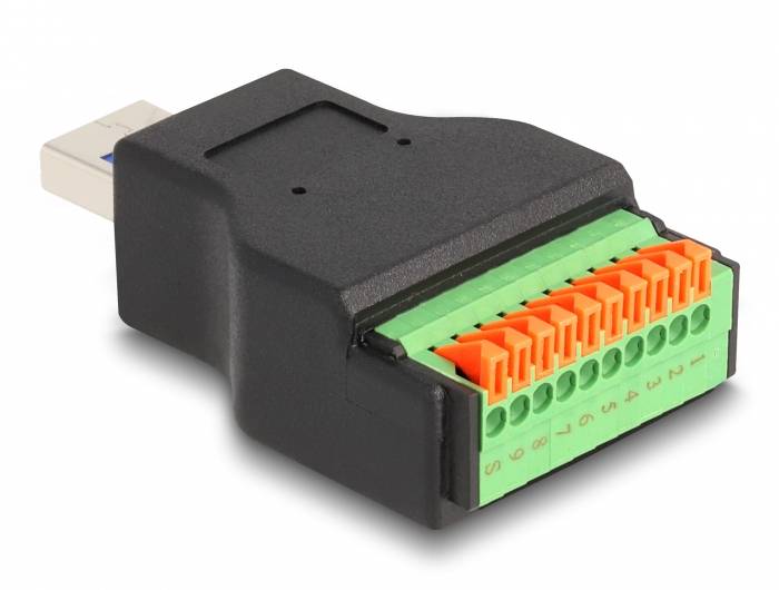 Ein USB-zu-Klemmenadapter mit schwarzen, grünen und orangenen Anschlüssen, nummeriert von 1 bis 8, auf einem weißen Hintergrund.