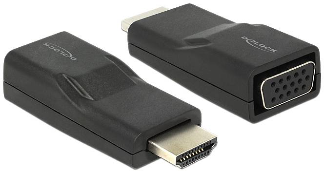 Zwei schwarze Adapter, einer mit HDMI-Stecker und der andere mit VGA-Anschluss. Beide sind von der Marke Delock.