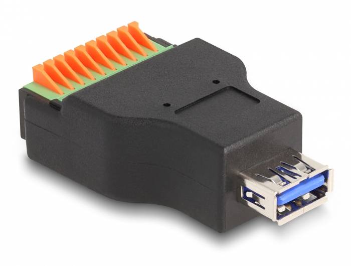 Adapter mit USB-Buchse und 12 orange-grünen Schraubklemmen auf der Oberseite, zur Verbindung von USB-Geräten mit Kabelanschlüssen.