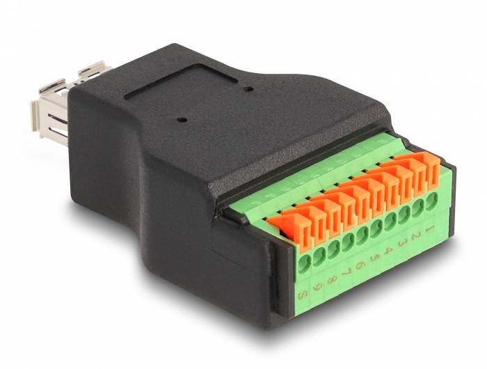 USB-zu-Schraubklemmen-Adapter mit schwarzen Gehäuse, grünen und orangen Klemmen, bietet Anschlussmöglichkeiten für elektrische Verkabelung.