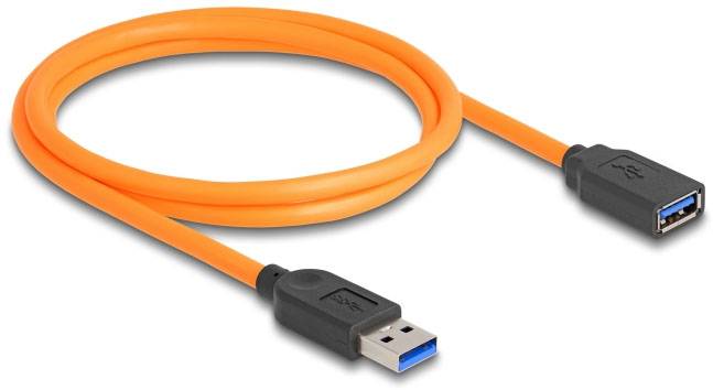 Ein orangefarbenes USB-Verlängerungskabel mit einem USB-A-Stecker und einer USB-A-Buchse, geeignet zur Verbindung von Geräten.