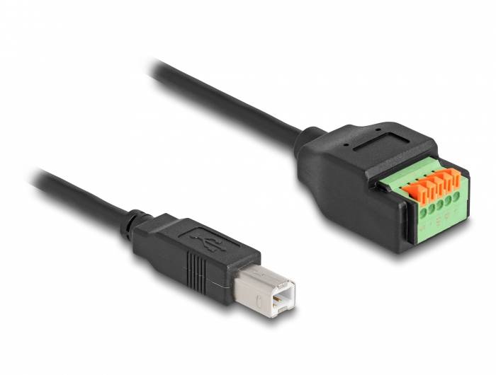 Schwarzes Kabel mit USB-Typ-B-Anschluss und grünem Steckmodul mit orangen und grauen Klemmeanschlüssen, geeignet für Elektronikverbindungen.