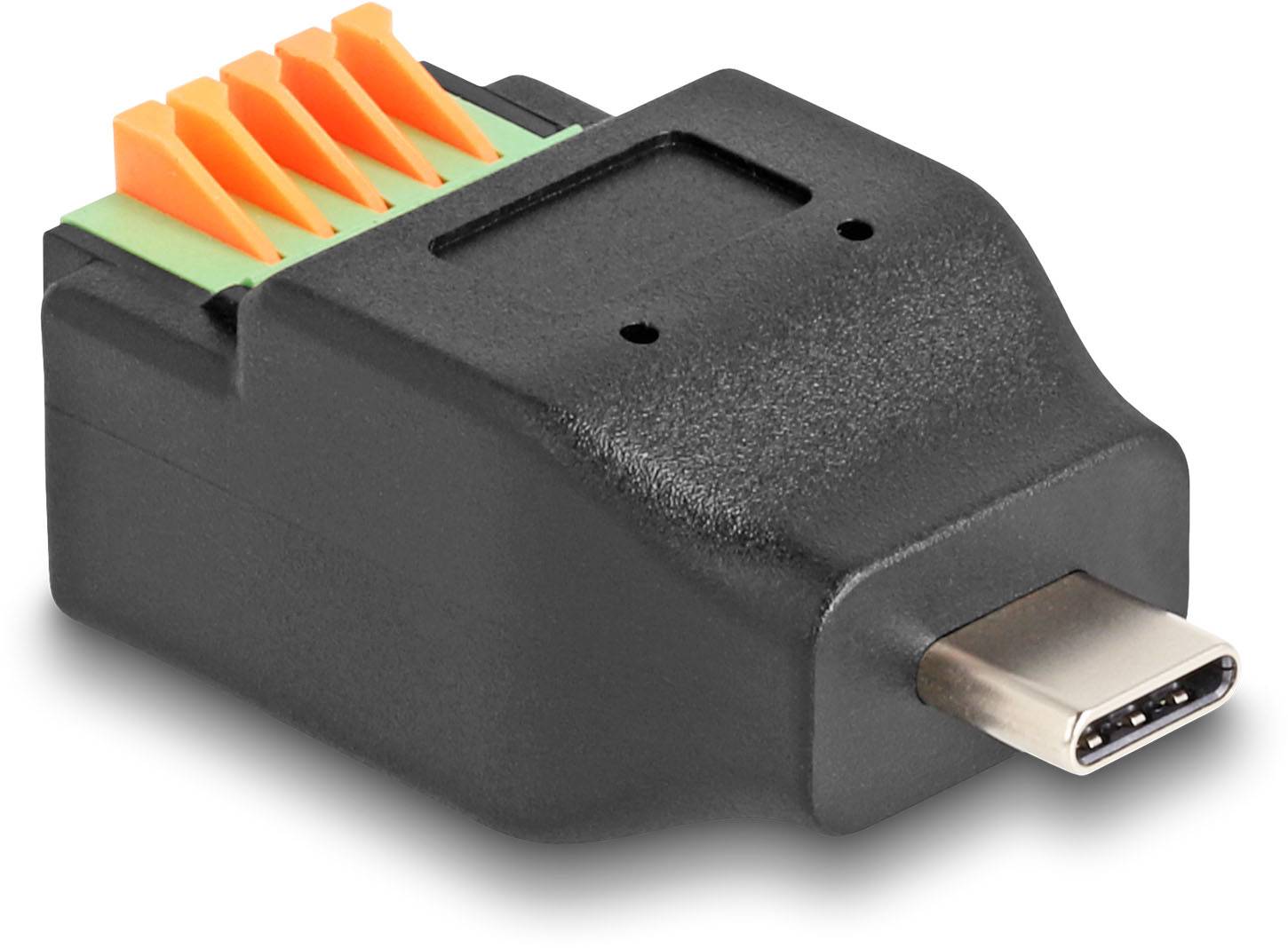 Ein schwarzer USB-C Adapter mit orangenen und grünen Anschlussklemmen oben, geeignet für elektronische Geräte und Kabelverbindungen.