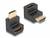 Zwei schwarze HDMI-Winkeladapter, einer mit männlichem Anschluss links, und einer mit weiblichem Anschluss rechts auf weißem Hintergrund.