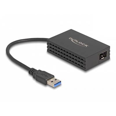 Ein schwarzer USB-Ethernet-Adapter mit USB 3.0-Anschluss und Ethernet-Port zeigt die Marke 'Delock' auf der Oberseite.