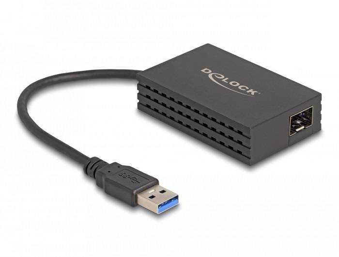 'Delock USB 3.0 zu Gigabit Ethernet Adapter', ein schwarzes rechteckiges Gerät mit einem USB-Stecker und einem RJ45-Netzwerkanschluss.