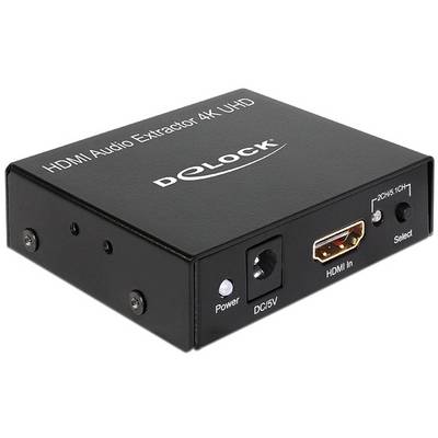 HDMI Audio Extractor 4K UHD von Delock mit Schalter für 2CH/5.1CH, HDMI-In-Port, Stromanschluss und Power-LED auf der Vorderseite.