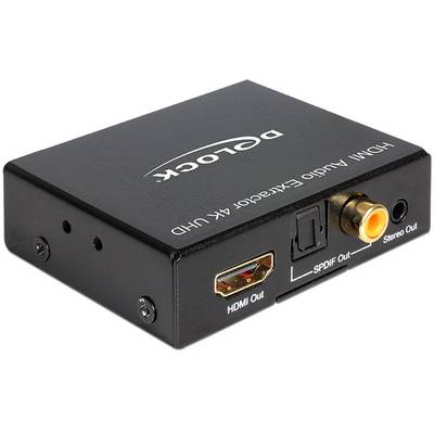 'DeLock HDMI Audio Extractor 4K UHD' auf schwarzem Gehäuse, Anschlüsse für HDMI, SPDIF, und Stereo Out sichtbar.