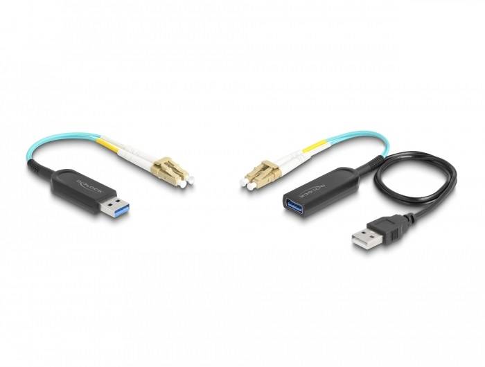 Zwei optische USB 3.0-Verlängerungskabel mit LC-Steckern, links ein blaues Kabel, rechts ein schwarzes Kabel; beide mit USB-Anschluss.
