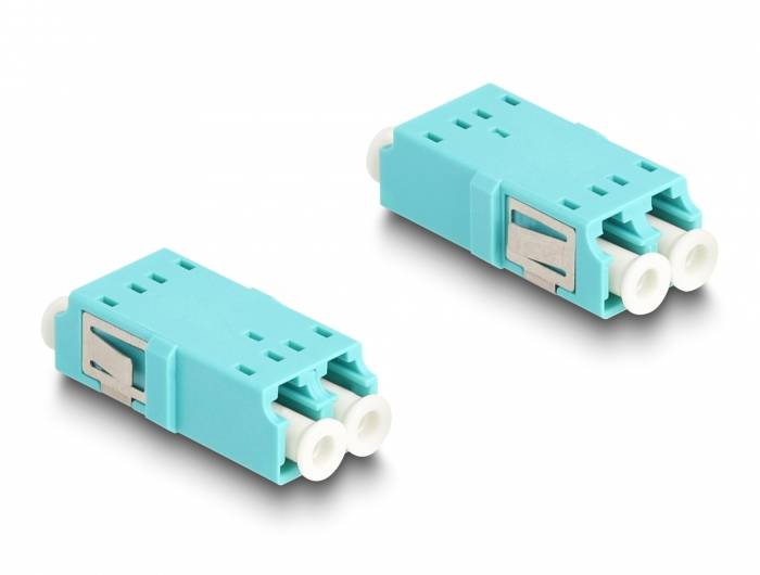 Zwei blaue LC-Duplex-Glasfaseradapter auf weißem Hintergrund.