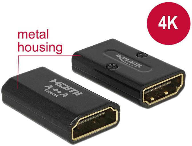 'HDMI A/A Kupplung' mit Metallgehäuse, geeignet für 4K-Auflösungen. Zeigt zwei Ansichten des Produkts mit HDMI-Anschlüssen.