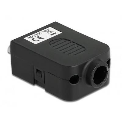 Schwarzer Adapter mit CE-Kennzeichnung, geeignet für europäische Steckdosen. Trägt Symbol, das zeigt, dass er nicht im Hausmüll entsorgt werden soll.