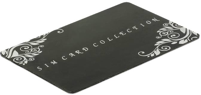 Schwarze Karte mit weißem Text 'SIM CARD COLLECTION' und dekorativen Mustern in den Ecken.