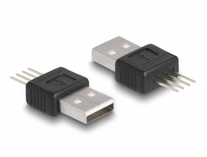 Zwei schwarze USB-Steckeradapter mit Metallpins auf weißem Hintergrund. Der eine zeigt die USB-Seite, der andere die Pin-Seite.