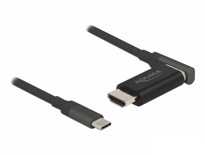 'USB-C auf HDMI Adapter von Delock, schwarz, zeigt beide Anschlüsse: USB-C auf der linken Seite, HDMI auf der rechten Seite.'
