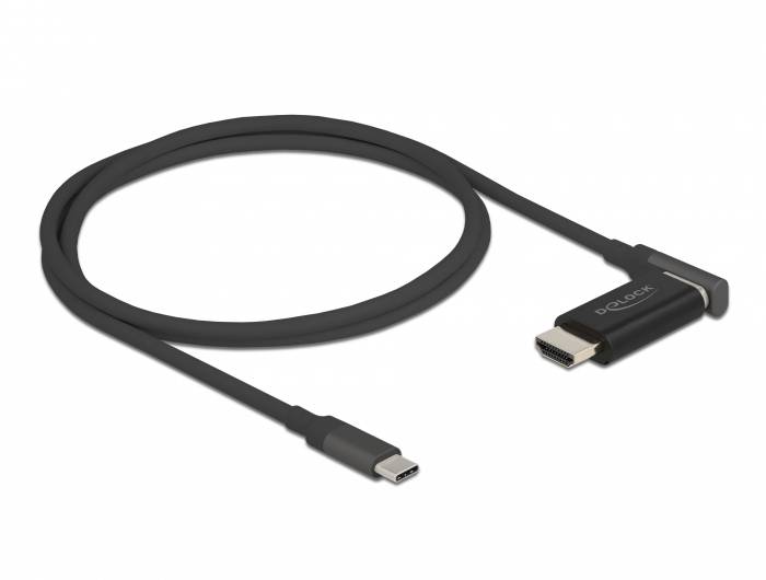 Schwarzes USB-C-zu-HDMI-Kabel mit gewinkeltem HDMI-Stecker. Ideal für den Anschluss von mobilen Geräten an Monitore oder Fernseher.
