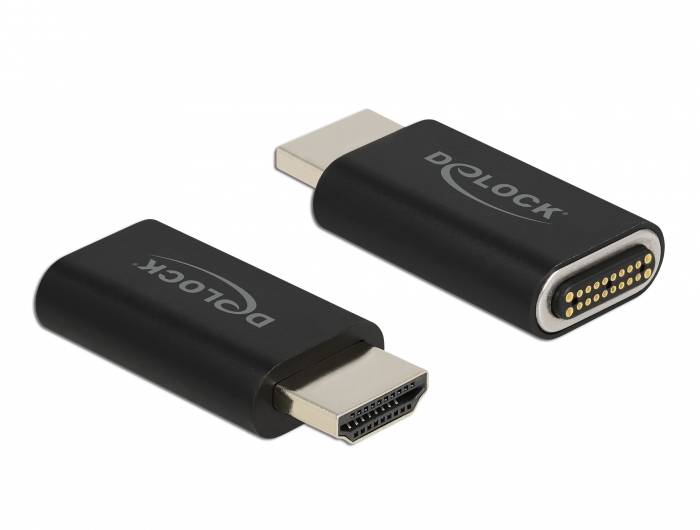 Schwarzer Adapter mit HDMI-Stecker und -Buchse, Marke Delock.