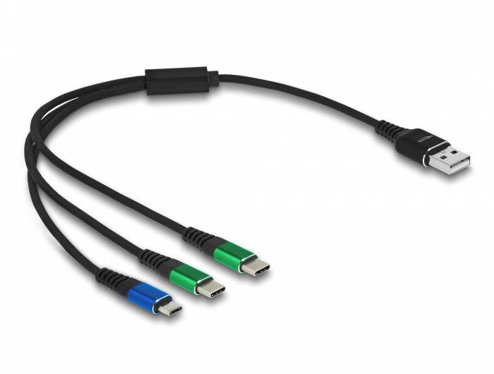 Ein USB-Kabel mit einem Anschlussende und drei USB-C-Enden in Blau, Grün und Schwarz. Ideal für Mehrfachgeräteverbindungen.