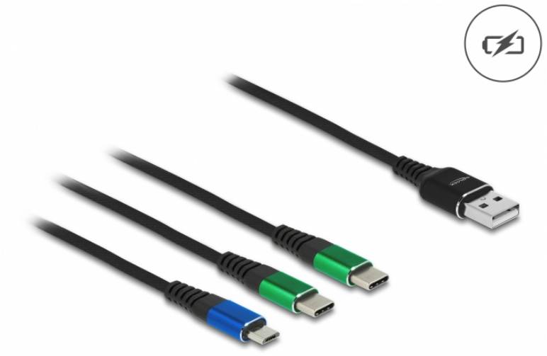 Drei USB-C-Kabel in Blau, Grün und Schwarz verbindet sich mit einem USB-A-Anschluss. Oben rechts ist ein Blitzsymbol.