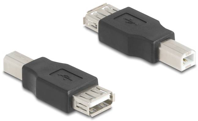 Ein schwarzer USB-Adapter mit einem USB-A- und einem USB-B-Anschluss, der den Anschluss von Geräten mit unterschiedlichen USB-Ports ermöglicht.