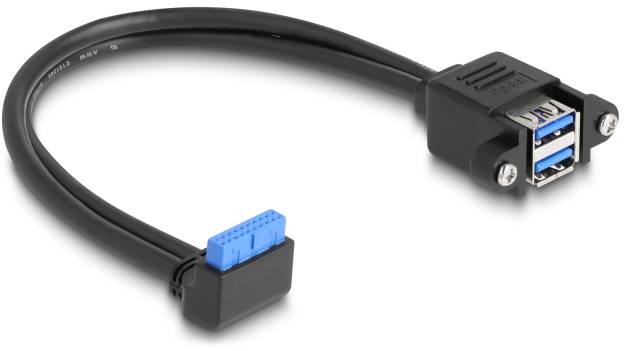 'USB 3.0 Kabel mit blauen Steckern: links ein 19-poliger Stecker, rechts zwei USB-Anschlüsse zur Erweiterung von Anschlüssen am Frontpanel.'