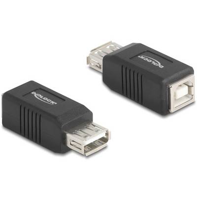 Zwei schwarze USB-Adapter, jeweils mit USB A-Buchse an einer Seite und USB B-Buchse an der anderen, liegen nebeneinander.