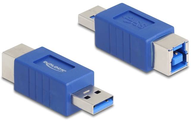 Zwei blaue USB-Adapter mit unterschiedlichen Steckverbindern; einer zeigt einen USB-C-Anschluss, der andere einen USB-B-Anschluss.