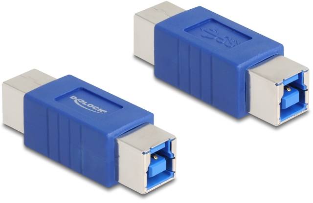 Zwei blaue USB-Adapter mit rechteckigem Gehäuse und silbernen Anschlüssen. Sie sind parallel zueinander angeordnet.