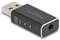 USB-Audioadapter in Schwarz mit Delock-Logo, drei digitalen Anzeige-LEDs für Abtastraten und einer Audio-output-Buchse. Ideal zur Audioverbindung.