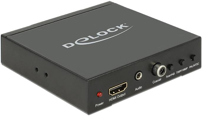 Ein schwarzer Delock-Konverter mit HDMI-Ausgang, Audio- und Koaxialanschluss. Vorderseite mit Betriebsanzeige und Anschlüssen.