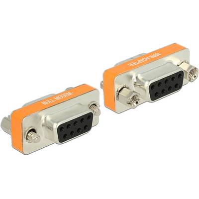 Zwei silberne, rechteckige Adapter mit der Aufschrift 'Null Modem' und 'Mini Adapter', jeweils versehen mit orangefarbenen Streifen.