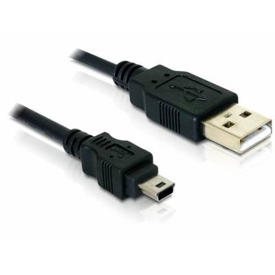 Schwarzes USB-Kabel mit einem USB-A- und einem Mini-USB-Stecker.
