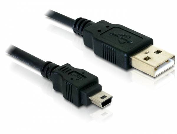 'USB-Kabel mit USB-A- und Mini-USB-Stecker. Genutzt für Datenübertragung und Aufladen von Geräten.'