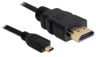 Ein schwarzes HDMI-Kabel mit einem Mini- und einem Standardanschluss, zeigt die unterschiedlichen Enden für Kompatibilität mit Geräten.