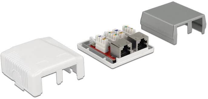 Verteilergehäuse mit geöffnetem Deckel, zeigt zwei Ethernet-Anschlüsse und Kabelanschlüsse. Links geschlossener, rechts geschlossener Deckel.