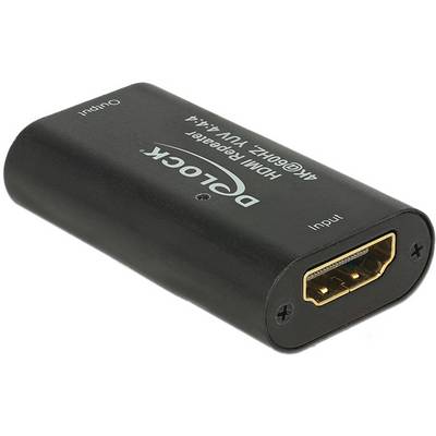 Schwarzer HDMI-Repeater von Delock, zeigt Eingangs- und Ausgangsports. Unterstützt 4K bei 60Hz, YUV 4:4:4.