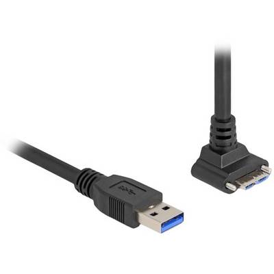 Ein schwarzes USB-Kabel mit einem Standard-USB-Stecker auf der linken Seite und einem speziellen Stecker auf der rechten Seite.