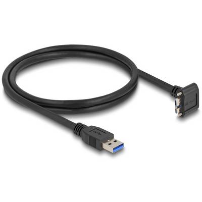 Ein schwarzes USB-Kabel mit einem USB-A-Stecker und einem abgewinkelten Micro-B-Stecker. Geeignet für Datenübertragung und Laden.