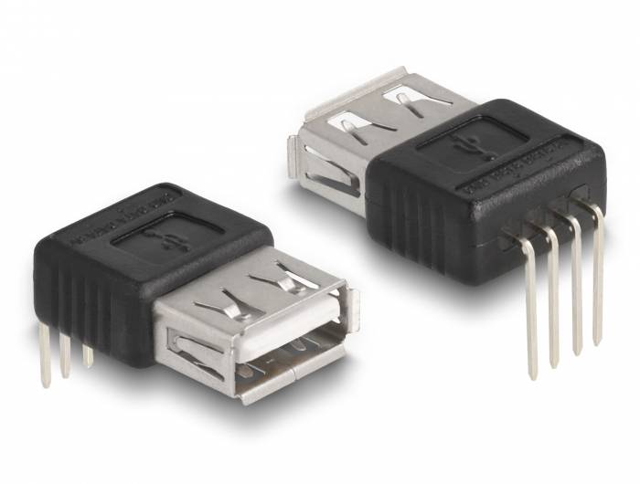 Zwei USB A-Buchsenadapter mit einem schwarzen Kunststoffgehäuse und mehreren metallischen Anschlussstiften zur Leiterplattenmontage.