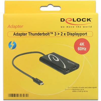 'Thunderbolt-3-zu-2x DisplayPort-Adapter von Delock, unterstützt 4K bei 60Hz. Verpackung zeigt Adapterbild und Produktdetails.'
