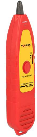 Ein rotes Testgerät zur Kabelprüfung mit einer gelben Vorderseite und einem Knopf zum Testen. Markiert mit 'DELOCK LCD Cable Tester'.