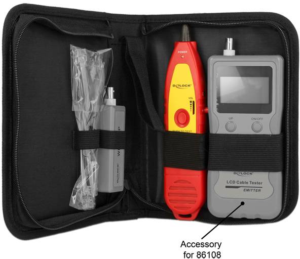 Ein offenes Etui mit einem LCD-Kabeltester, einem roten Gerätetester und losen Kabeln. Zubehör für Modell 86108.