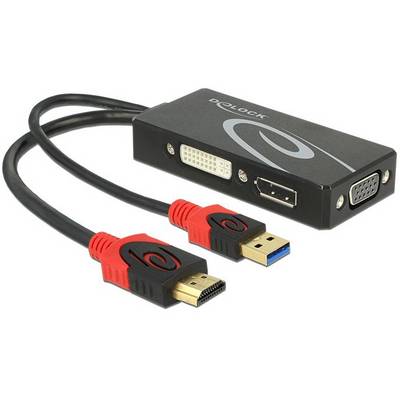 Ein Adapterkabel mit USB- und HDMI-Steckern führt zu einem Konverter mit DVI-, DisplayPort- und VGA-Ausgängen auf einem Gehäuse.